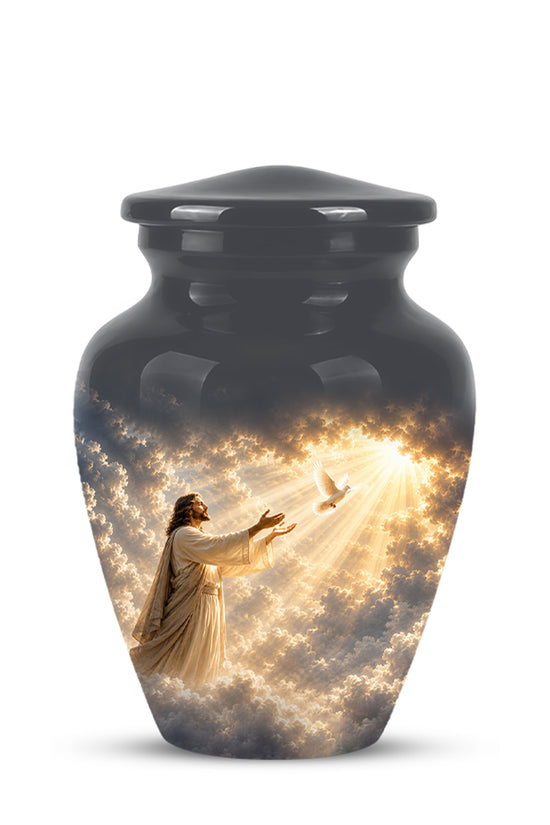 Jesus With Flying Dove Cremation Urn - Beautiful Sunrays Theme Urn For Ashes