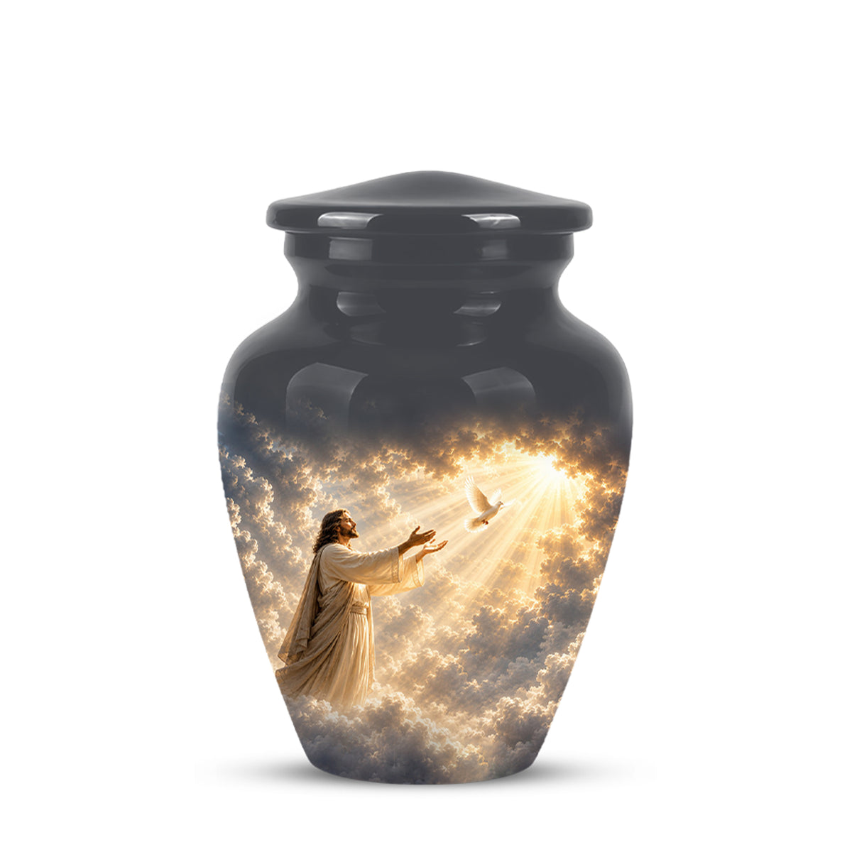 Jesus With Flying Dove Cremation Urn - Beautiful Sunrays Theme Urn For Ashes
