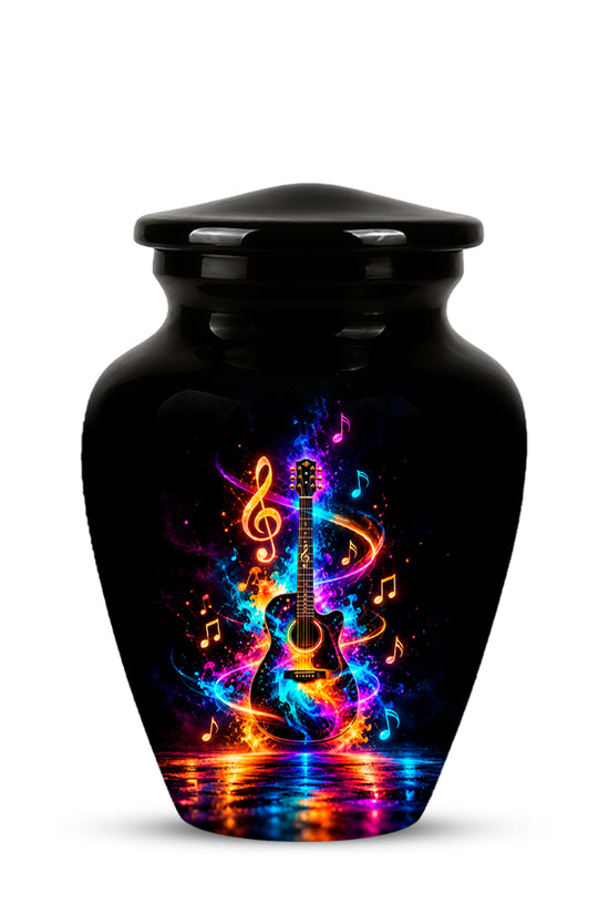 Black Artistic Cremation Urn with Colorful Musical Notes & Cosmic Design