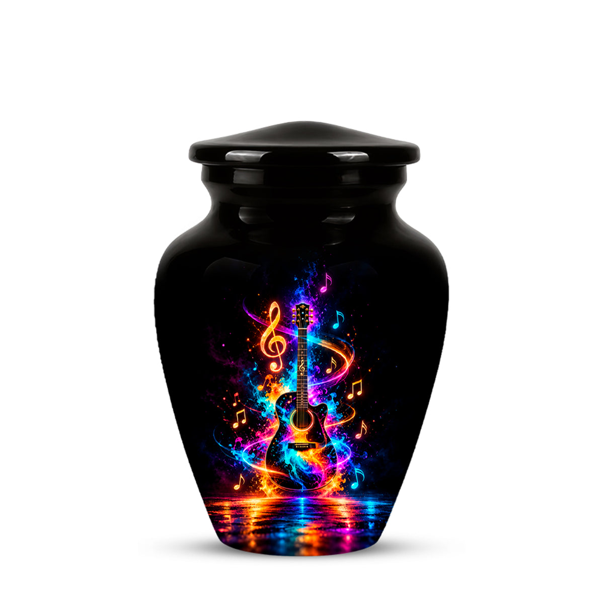 Black Artistic Cremation Urn with Colorful Musical Notes & Cosmic Design
