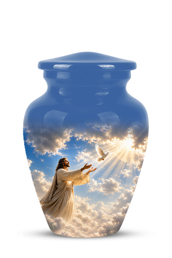 Personalized Jesus With White Dove Urn - Blue Aluminum Cremation Urns