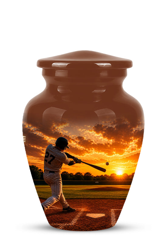 A glossy brown urn-shaped vase with a lid, featuring a printed graphic of a baseball player at sunset on the front, set against a plain white background.