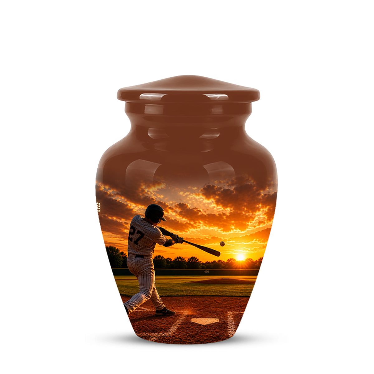 A glossy brown urn-shaped vase with a lid, featuring a printed graphic of a baseball player at sunset on the front, set against a plain white background.