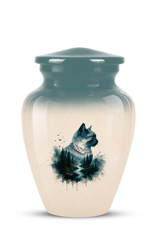 A ceramic pet memorial urn with a glossy finish, featuring a gradient from dark teal at the top to warm cream at the bottom. The front is decorated with a watercolor-style graphic of a cat's profile over a forest landscape.