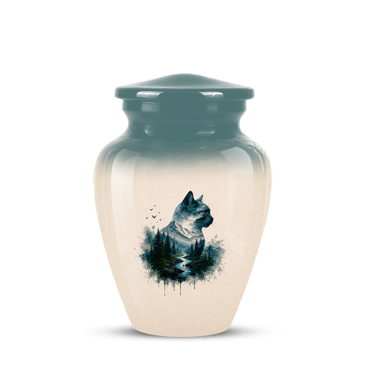 A ceramic pet memorial urn with a glossy finish, featuring a gradient from dark teal at the top to warm cream at the bottom. The front is decorated with a watercolor-style graphic of a cat's profile over a forest landscape.
