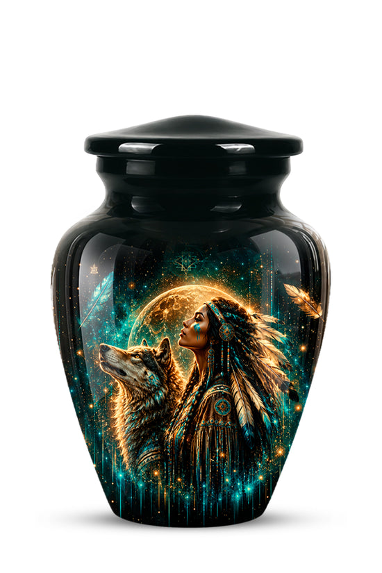 A glossy black ceramic cremation urn with a lid, featuring a detailed fantasy illustration of a woman and a wolf in front of a glowing moon on the front, set against a plain white background.