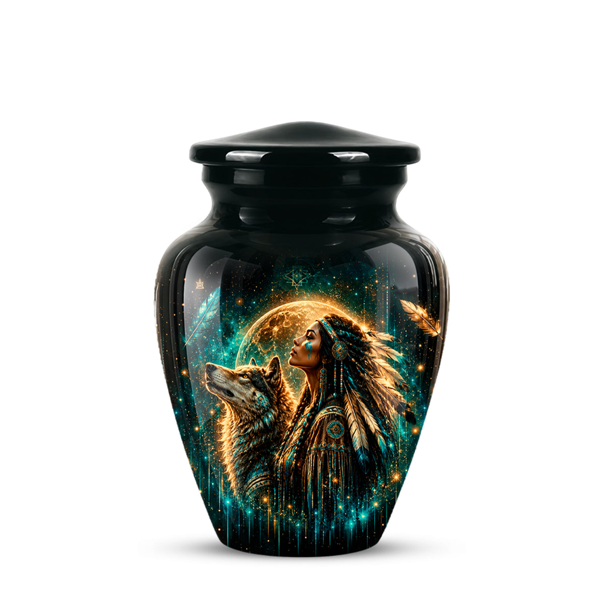 A glossy black ceramic cremation urn with a lid, featuring a detailed fantasy illustration of a woman and a wolf in front of a glowing moon on the front, set against a plain white background.