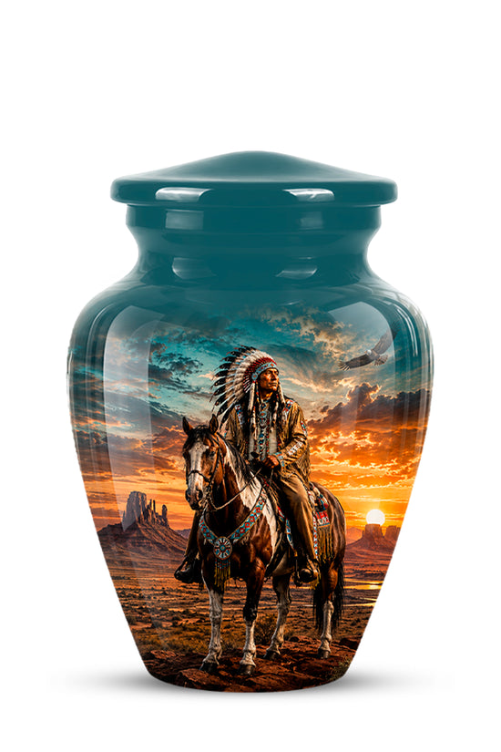 A glossy ceramic cremation urn with a teal lid and body, featuring a printed scenic graphic of a Native American rider on a horse against a sunset landscape. The urn is centered on a plain white background.