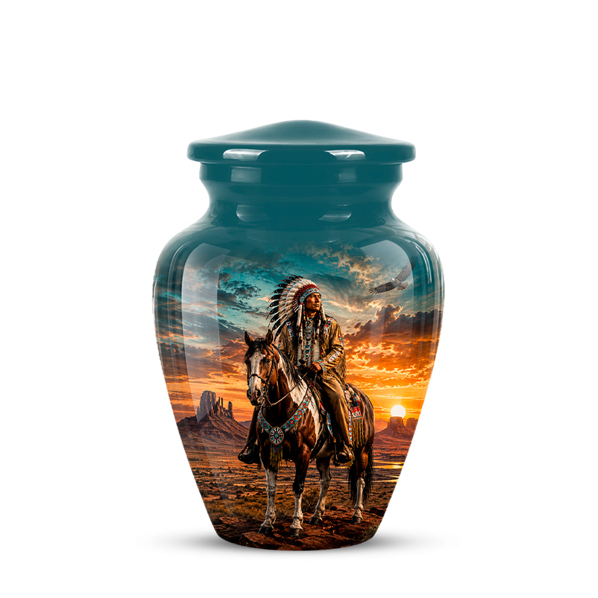 A glossy ceramic cremation urn with a teal lid and body, featuring a printed scenic graphic of a Native American rider on a horse against a sunset landscape. The urn is centered on a plain white background.