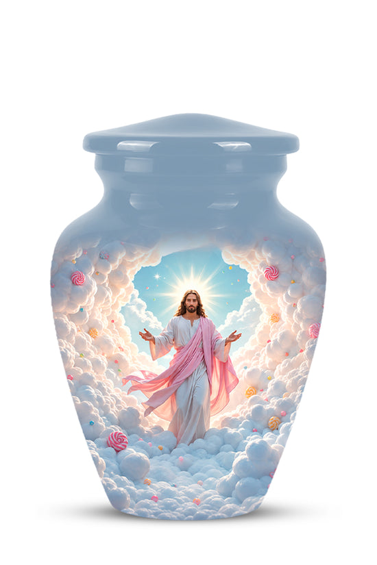 A light blue ceramic cremation urn with a lid, featuring a printed graphic of Jesus Christ standing in a glowing sky among white clouds with pink flowers.