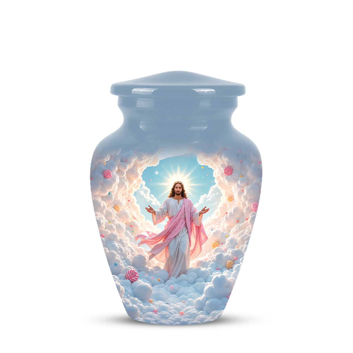 A light blue ceramic cremation urn with a lid, featuring a printed graphic of Jesus Christ standing in a glowing sky among white clouds with pink flowers.