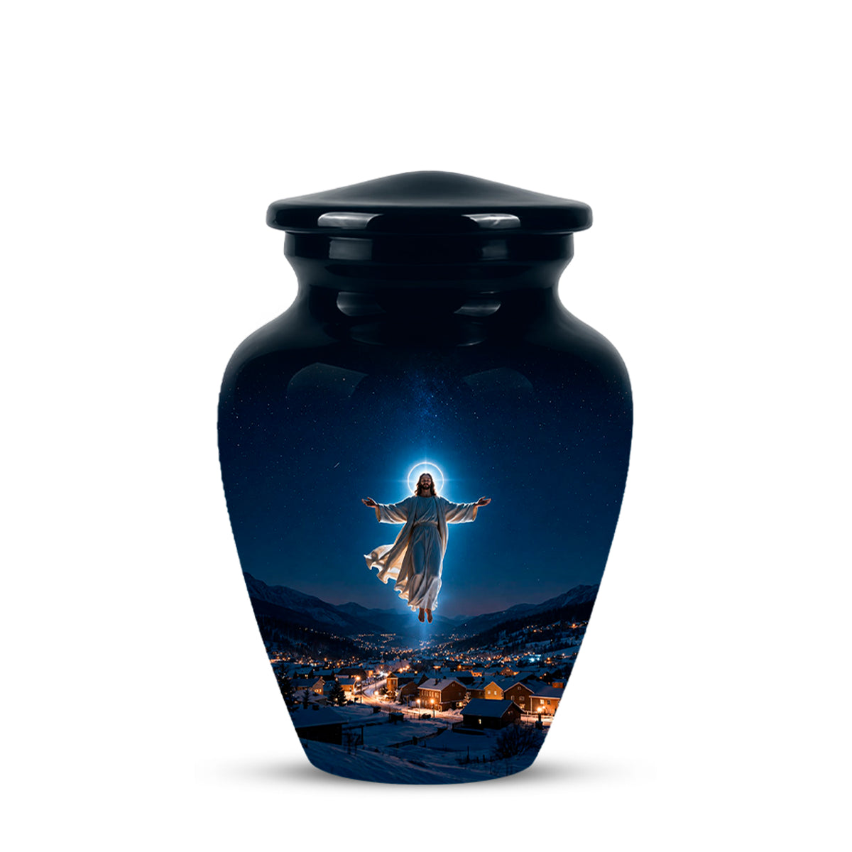 A glossy black ceramic cremation urn with a lid, featuring a printed graphic of Jesus floating above a snowy mountain town at night with a glowing halo.