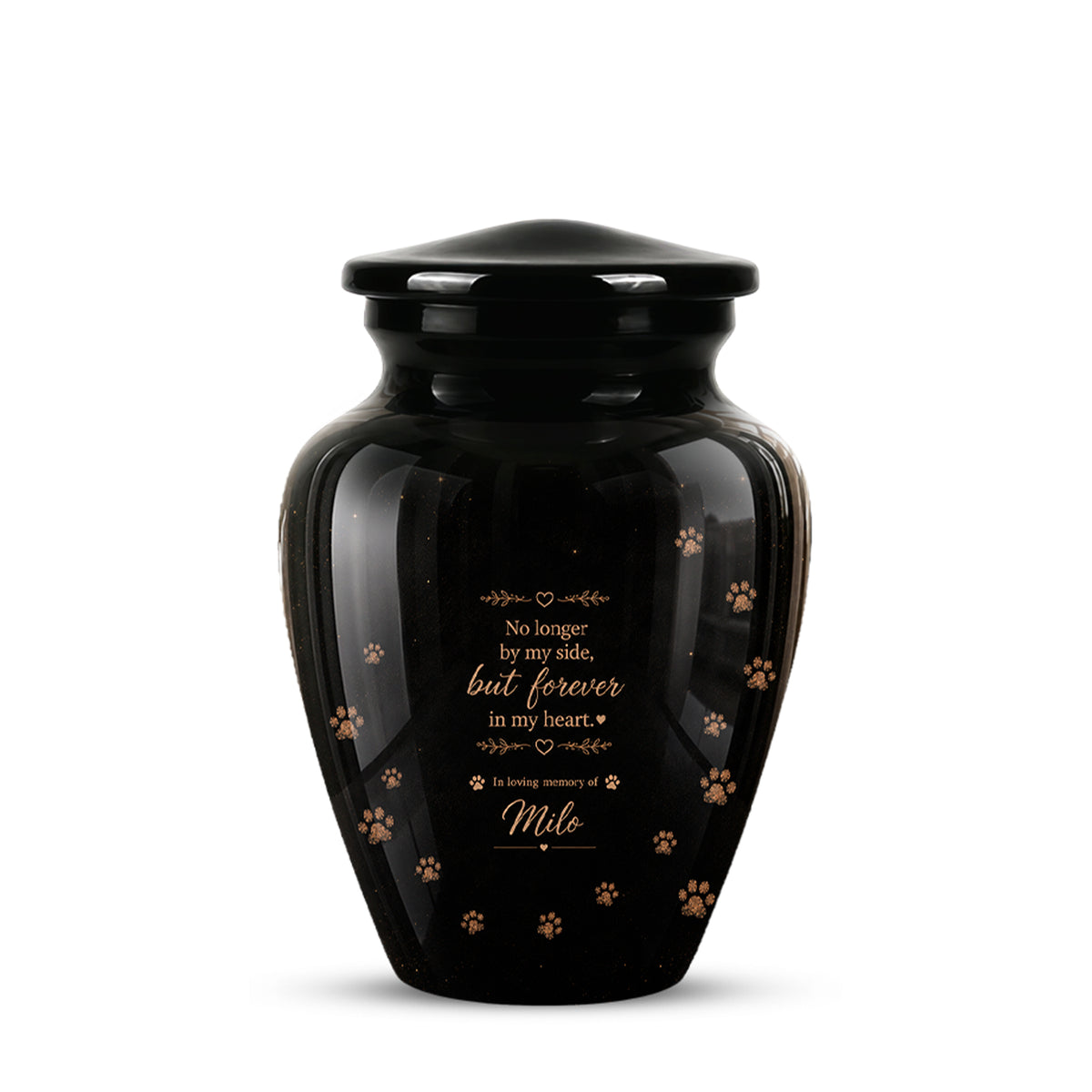 A glossy black pet memorial urn with a matching lid, featuring gold paw prints and a printed sentimental message on the front, set against a plain white background.