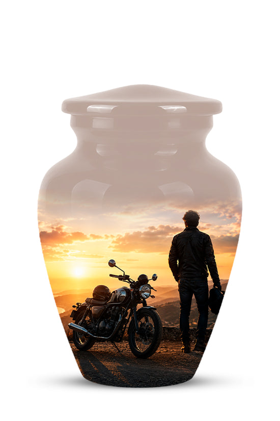 Custom Sunset Mountain Bike Rider Aluminum Urn – Hand Engraved
