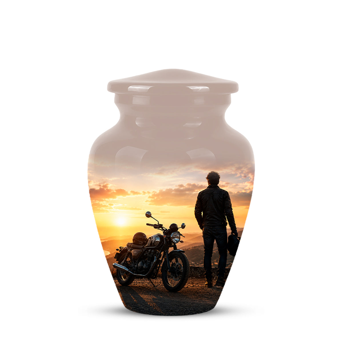 Custom Sunset Mountain Bike Rider Aluminum Urn – Hand Engraved