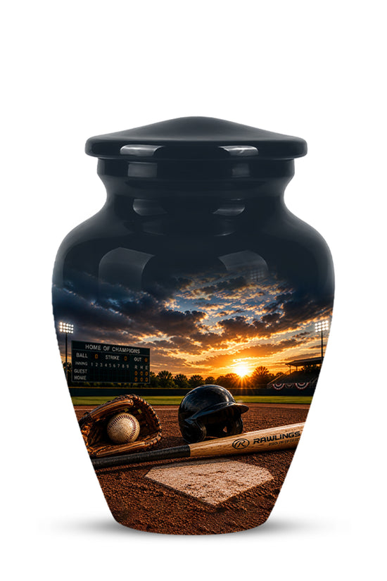 A glossy black ceramic urn with a lid, featuring a printed baseball field sunset scene on the front with a baseball, glove, bat, and home plate.