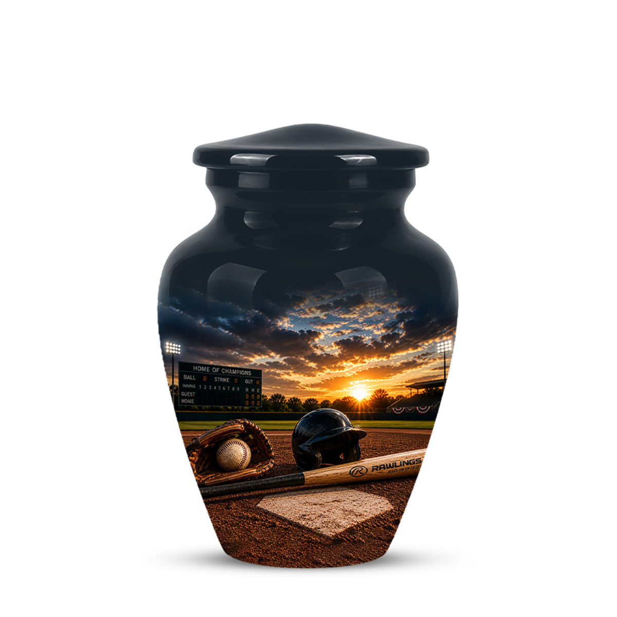 A glossy black ceramic urn with a lid, featuring a printed baseball field sunset scene on the front with a baseball, glove, bat, and home plate.