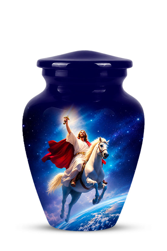 A glossy dark blue urn-shaped jar with a lid, featuring a printed graphic of Jesus riding a white horse against a starry space background with Earth below.