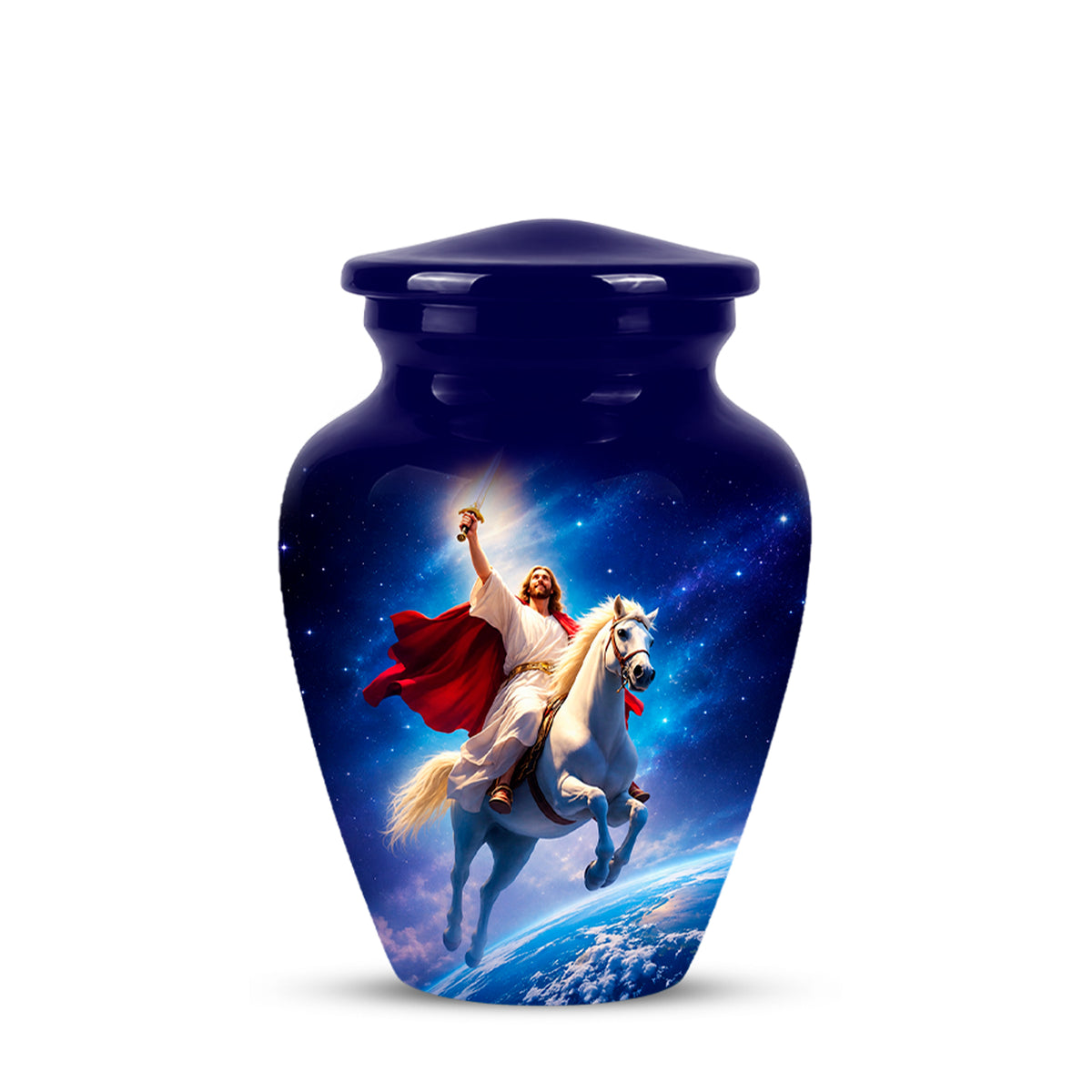 A glossy dark blue urn-shaped jar with a lid, featuring a printed graphic of Jesus riding a white horse against a starry space background with Earth below.