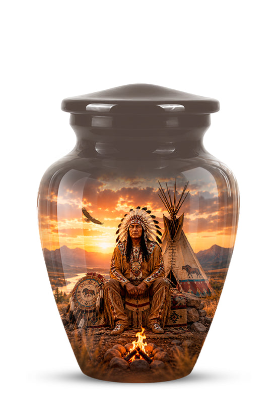 A glossy ceramic memorial urn with a lid, featuring a detailed printed graphic of a Native American figure in a headdress seated by a campfire with a teepee and sunset in the background.