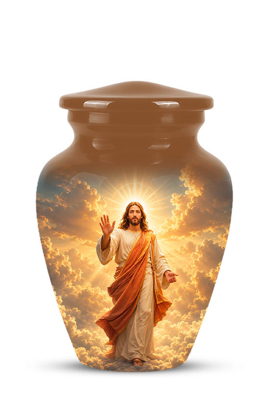 A brown ceramic cremation urn with a lid, featuring a printed graphic of Jesus Christ in a white robe with an orange cloak standing in a golden, cloud-filled sky.