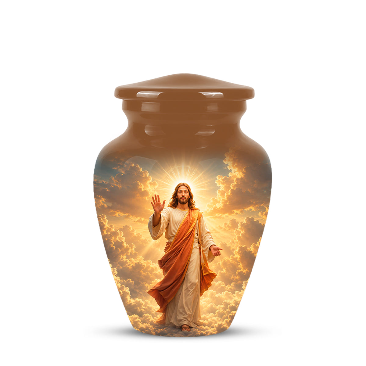 A brown ceramic cremation urn with a lid, featuring a printed graphic of Jesus Christ in a white robe with an orange cloak standing in a golden, cloud-filled sky.