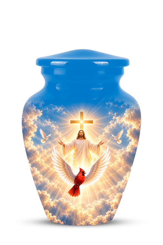 Christian Memorial Urn with Jesus & Cardinal - Heavenly Cremation Ashes Urn