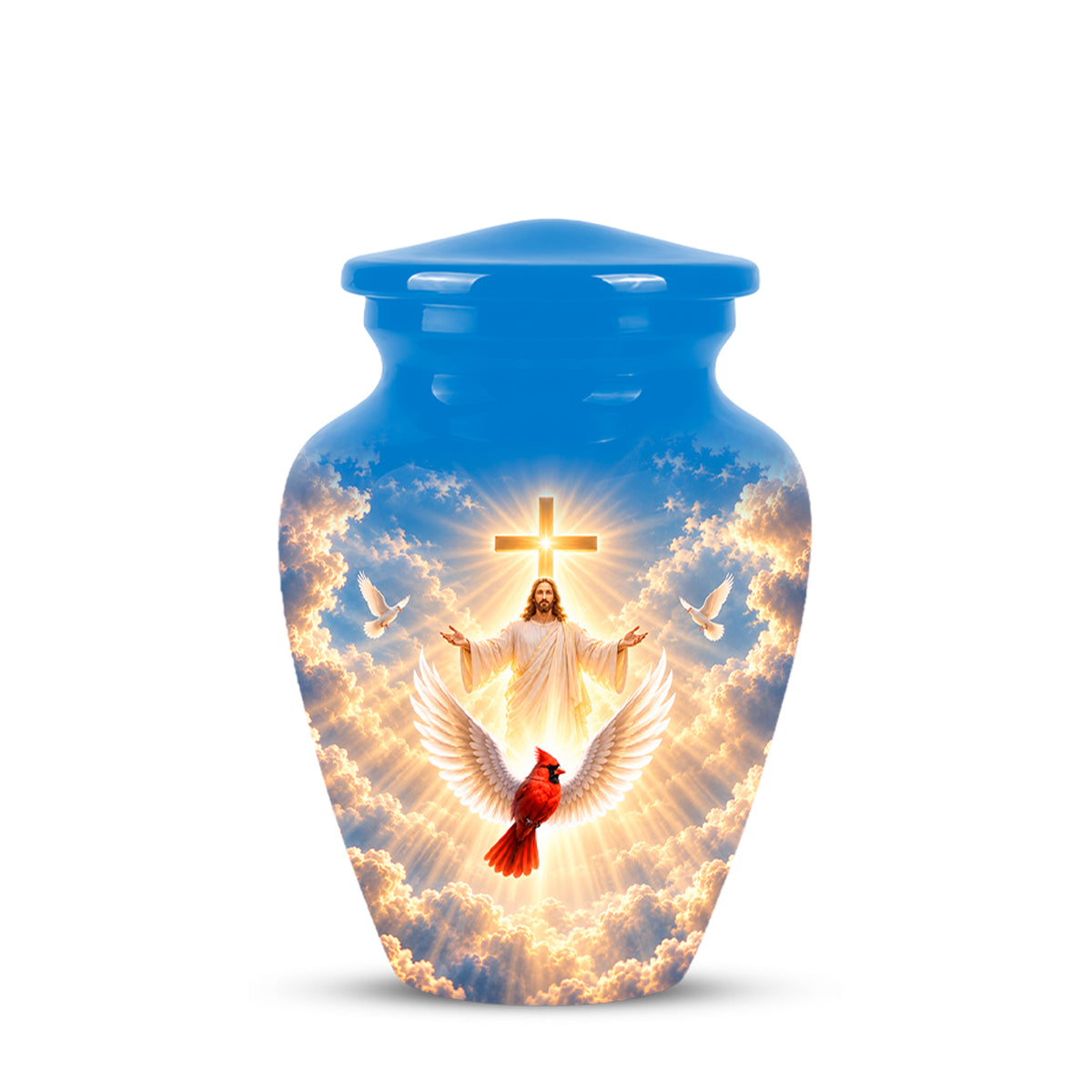 Christian Memorial Urn with Jesus & Cardinal - Heavenly Cremation Ashes Urn