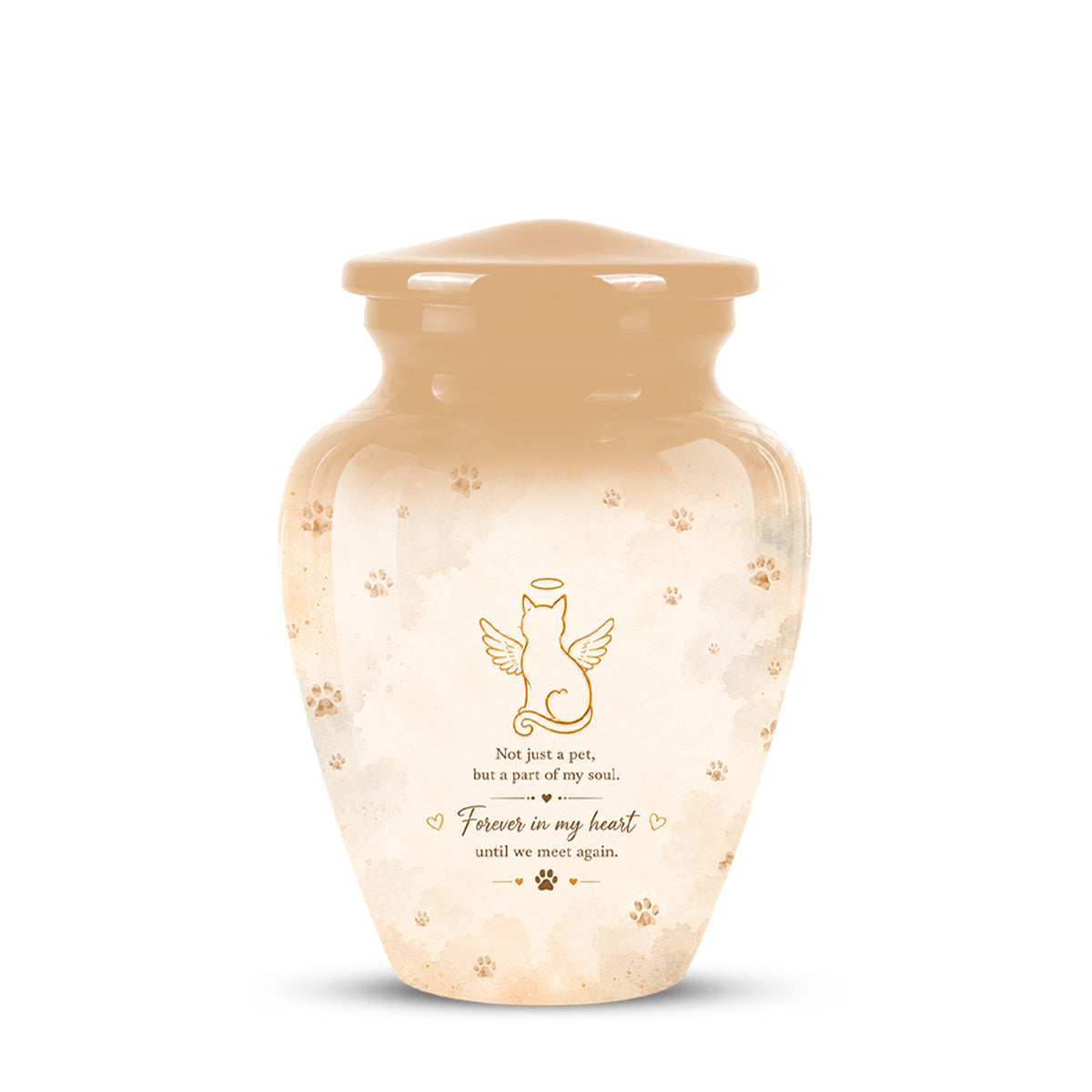A glossy ceramic pet memorial urn in a warm cream and beige color, decorated with a gold angel cat illustration, paw prints, and a sentimental quote on the front.