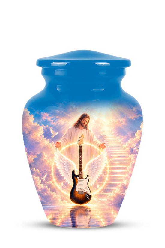 Custom Guitar Aluminum Memorial Urn - Angel Wing & Jesus Urns For Ashes