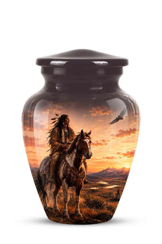 A glossy black ceramic cremation urn with a lid, featuring a printed scenic graphic of a cowboy riding a horse at sunset on the front, set against a plain white background.