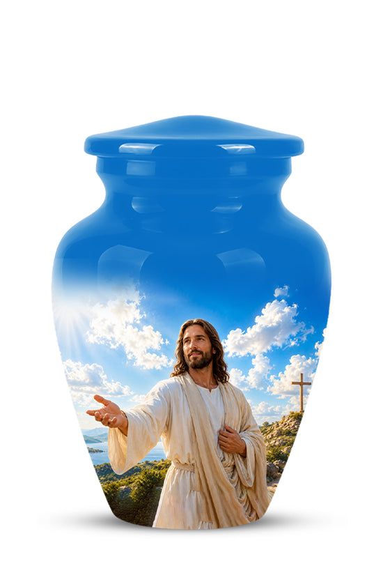 Blue Jesus Funeral Urn - Custom Aluminum Cremation Urn For Human Ashes