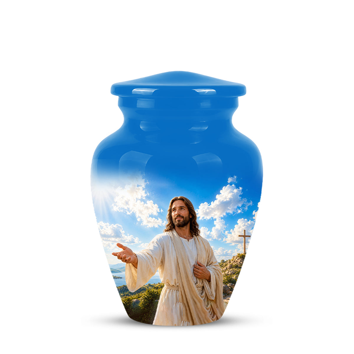 Blue Jesus Funeral Urn - Custom Aluminum Cremation Urn For Human Ashes