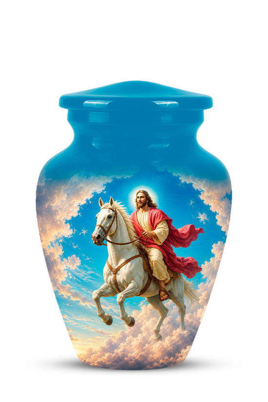 Custom Blue Aluminum Horse & Jesus Religious Urn for Human Ashes
