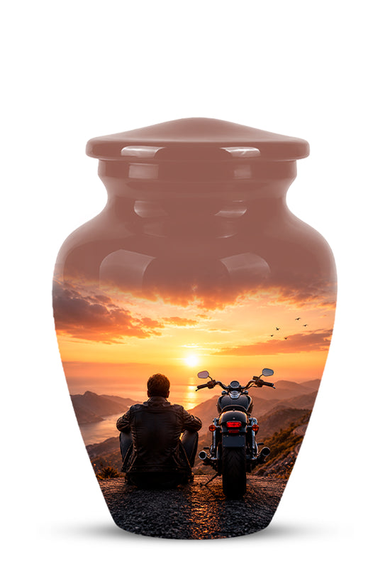 Peaceful Sunset Motorcycle Cremation Urn – Handcrafted Tribute to Biker Ashes