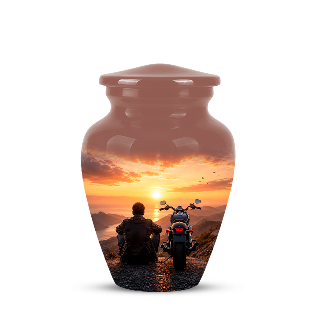 Peaceful Sunset Motorcycle Cremation Urn – Handcrafted Tribute to Biker Ashes