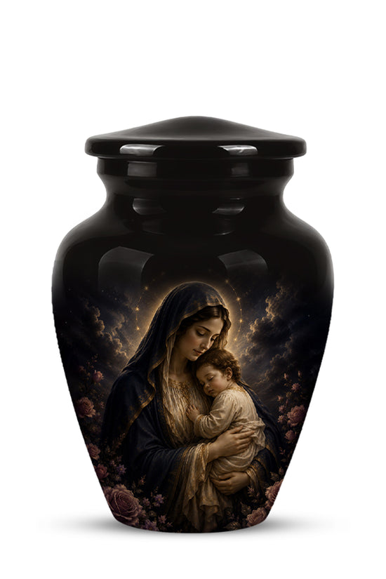 Virgin Mary With Baby Jesus Urn - Personalized Black Cremation Urn For Ashes