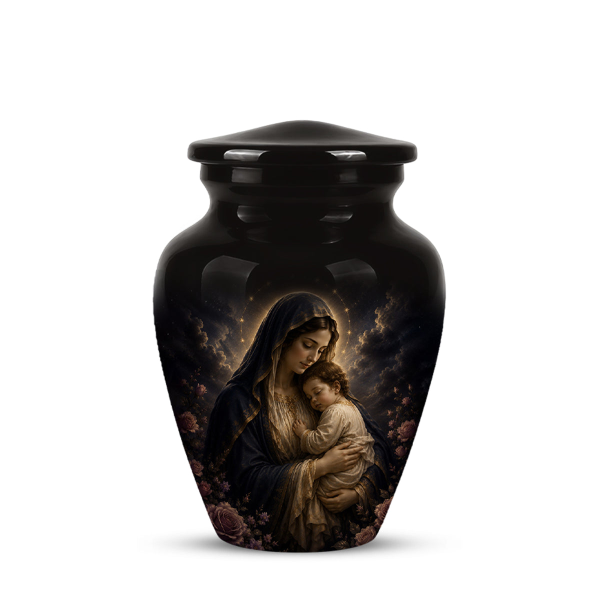 Virgin Mary With Baby Jesus Urn - Personalized Black Cremation Urn For Ashes