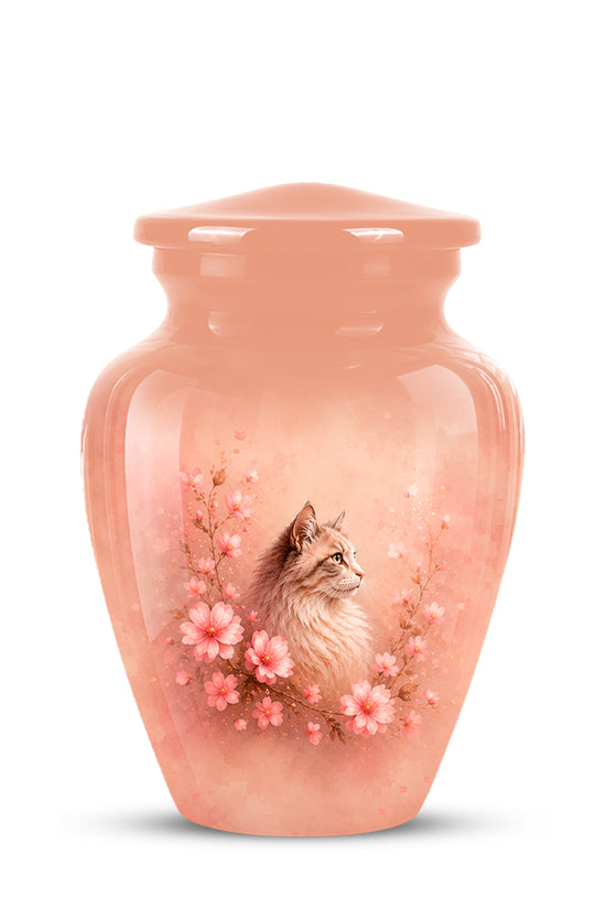 A glossy peach-colored memorial urn with a lid, featuring a printed illustration of a fluffy cat surrounded by pink cherry blossoms on the front.