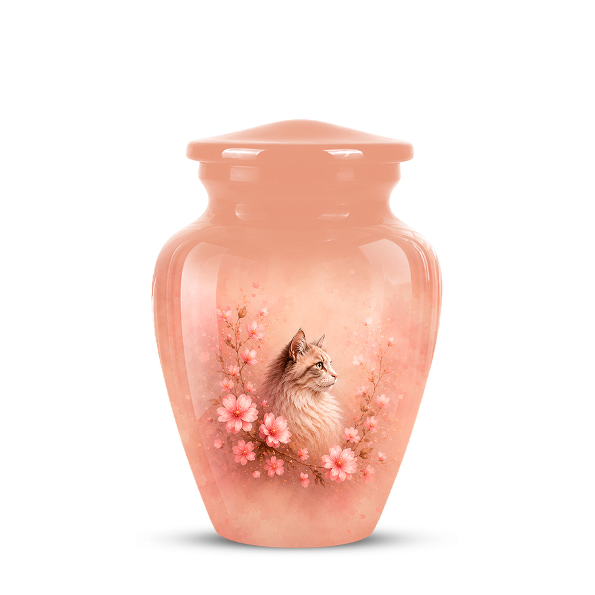 A glossy peach-colored memorial urn with a lid, featuring a printed illustration of a fluffy cat surrounded by pink cherry blossoms on the front.