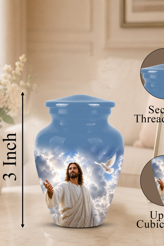 Personalized Jesus Cremation Urn - Blue Aluminum Urn For Spiritual Humans