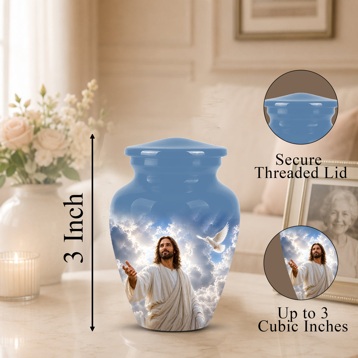 Personalized Jesus Cremation Urn - Blue Aluminum Urn For Spiritual Humans