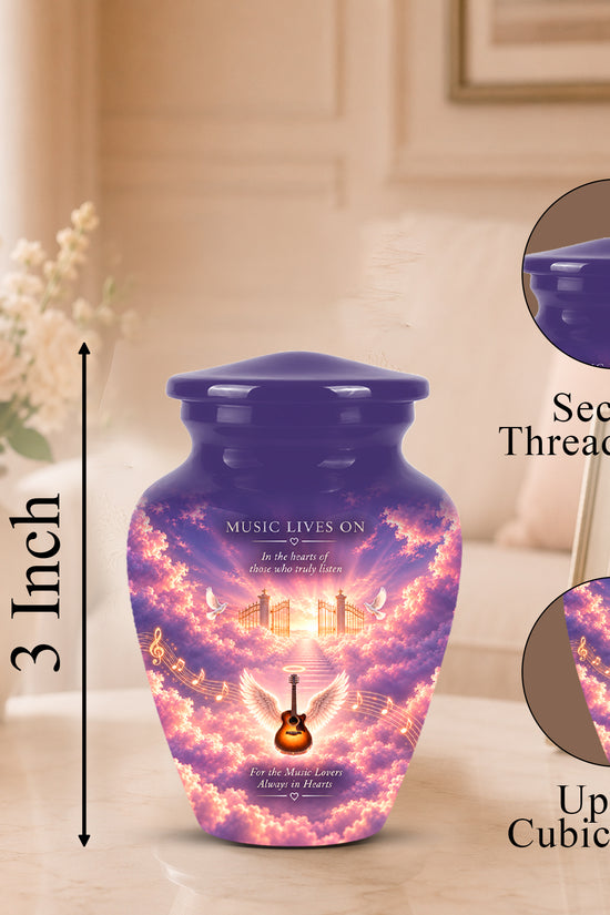 A purple urn-shaped memorial vase with a colorful sky and angel design, shown on a tabletop with size callouts and circular inset close-ups of the lid and printed detail.