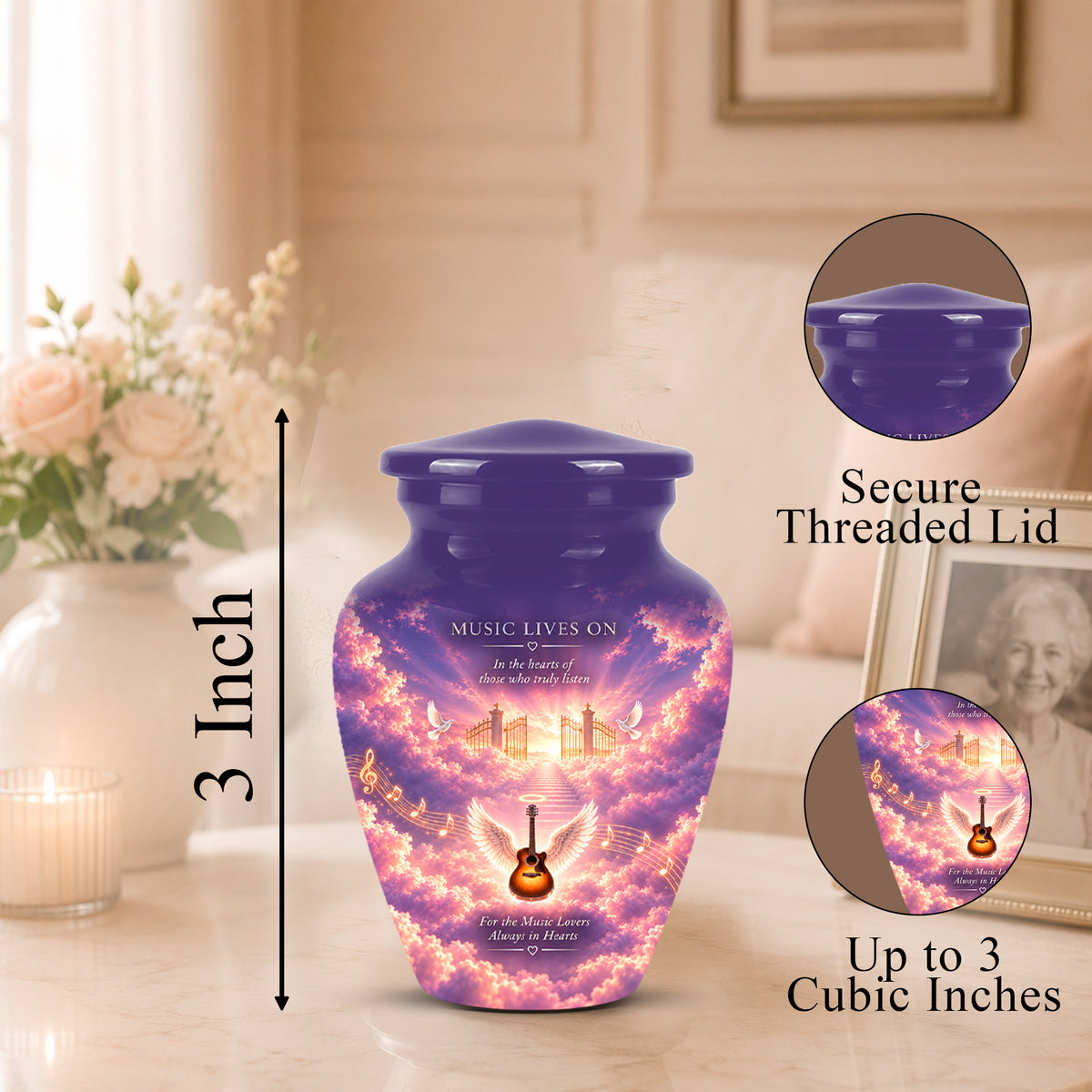 A purple urn-shaped memorial vase with a colorful sky and angel design, shown on a tabletop with size callouts and circular inset close-ups of the lid and printed detail.