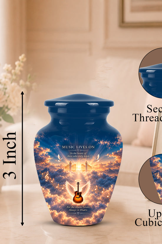 Personalized blue ceramic urn with a threaded lid, featuring a sunset sky and guitar design, shown on a table with size and detail callout graphics.