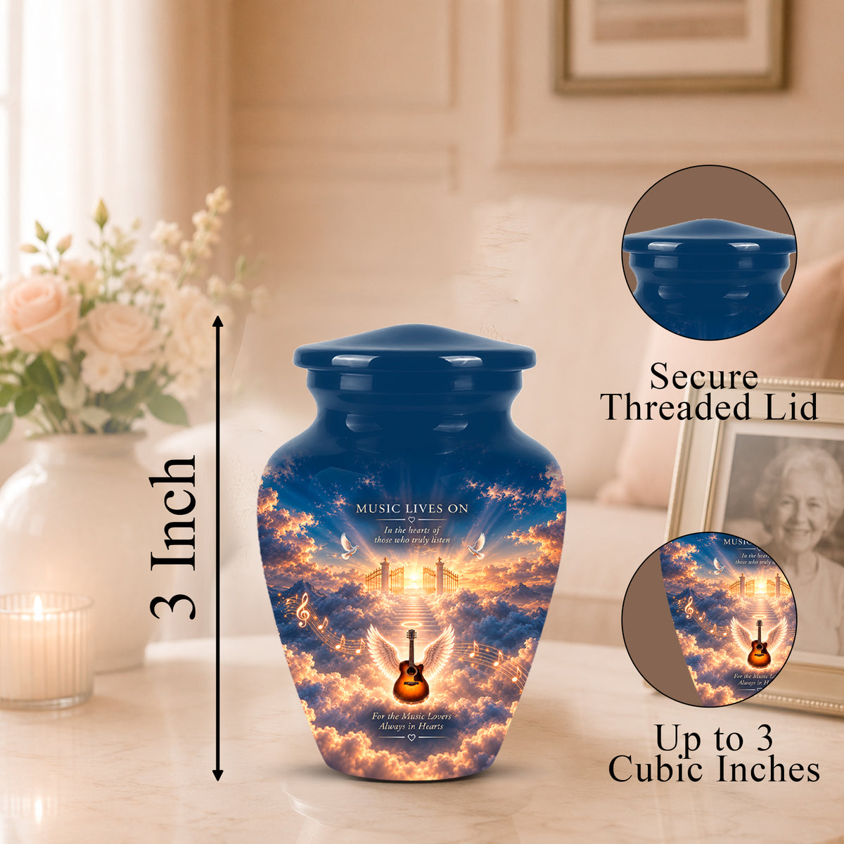 Personalized blue ceramic urn with a threaded lid, featuring a sunset sky and guitar design, shown on a table with size and detail callout graphics.