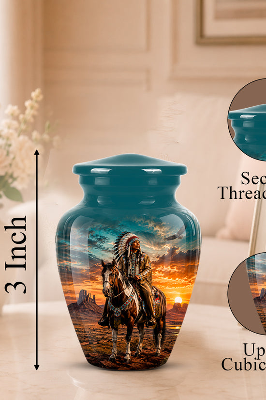 A teal urn-shaped memorial vase with a printed western rider sunset design, shown on a tabletop with a flower vase and framed photo in a softly lit room. Black text and callout circles note a 3-inch height and up to 3 cubic inch capacity.