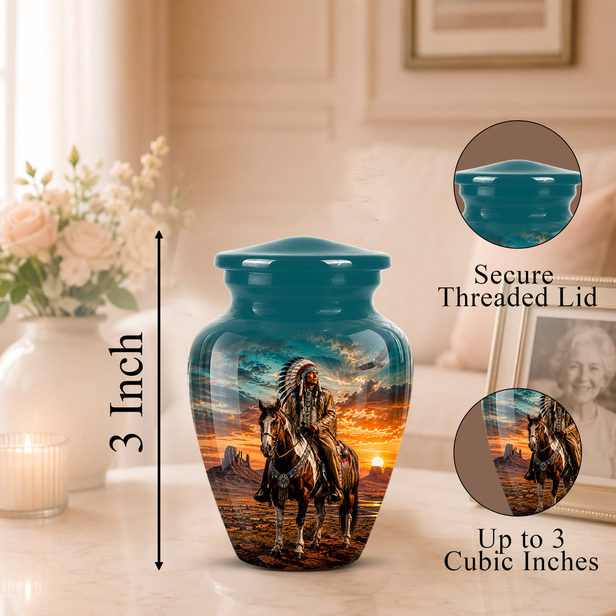 A teal urn-shaped memorial vase with a printed western rider sunset design, shown on a tabletop with a flower vase and framed photo in a softly lit room. Black text and callout circles note a 3-inch height and up to 3 cubic inch capacity.