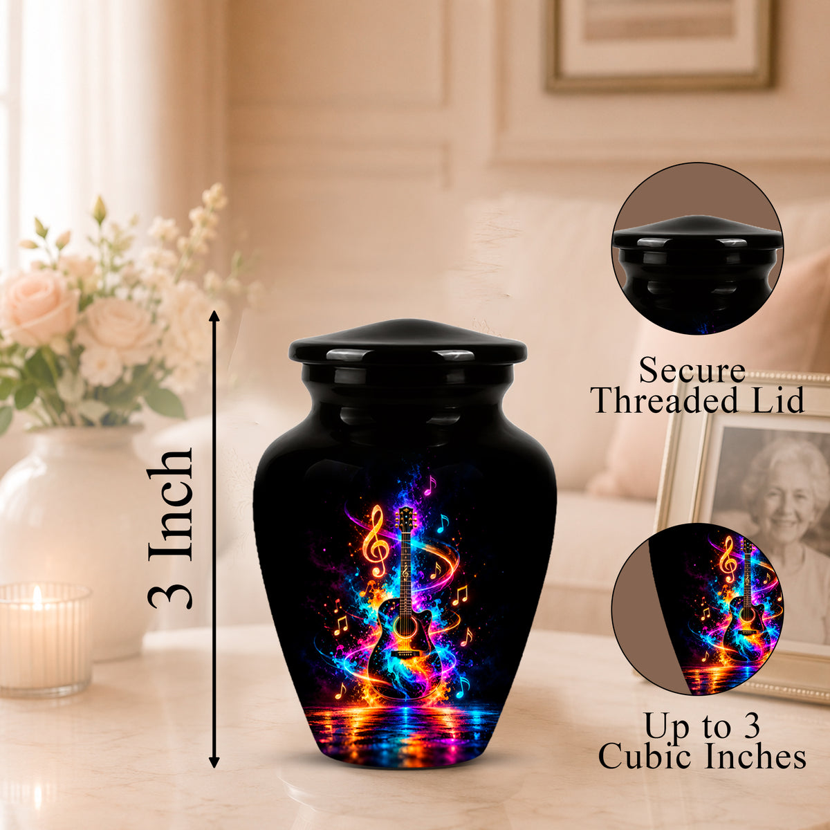 Black cremation urn with a colorful neon guitar and musical note design, shown on a tabletop with a blurred living room background. The image includes a 3-inch height marker, a close-up inset of the secure threaded lid, and a close-up inset of the printed design.
