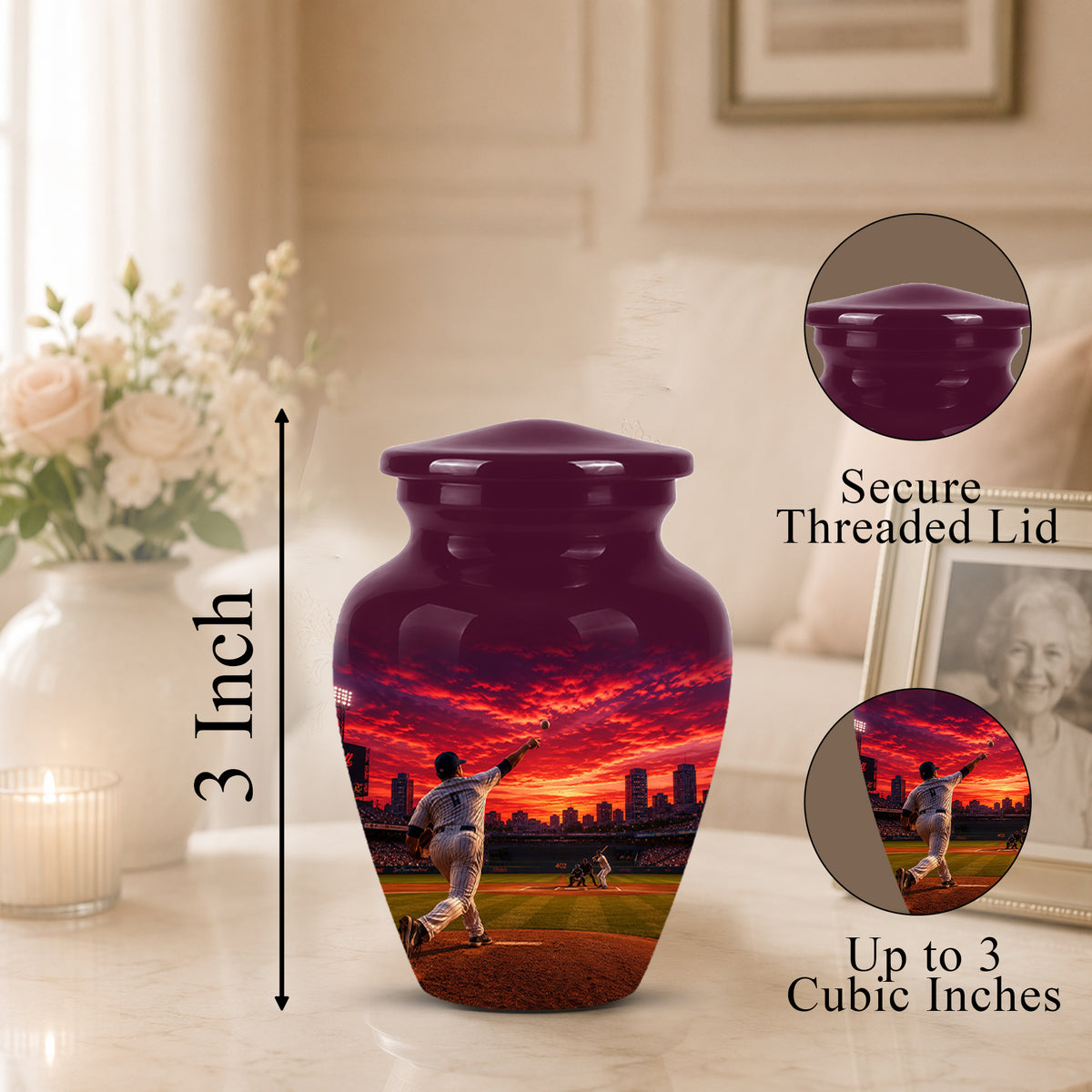 Personalized Sunset Stadium Baseball Cremation Urn For Pitcher's Ashes